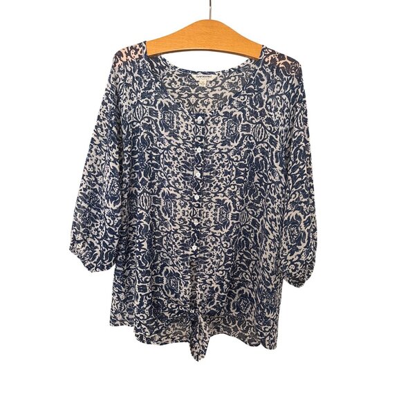 Tantrums Women’s Blouse Top Size 2X Dark Blue & White Buttons Ties Semi Sheer - Picture 3 of 10